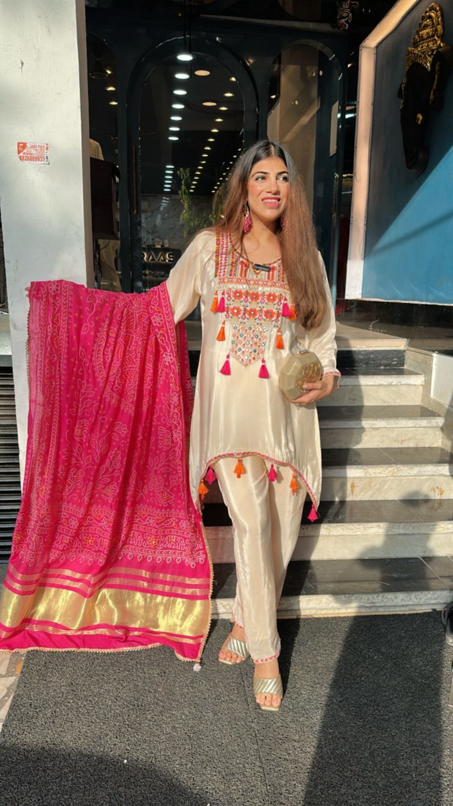 Partywear 3 pc set with embroidery with tassels with bandhej dupatta