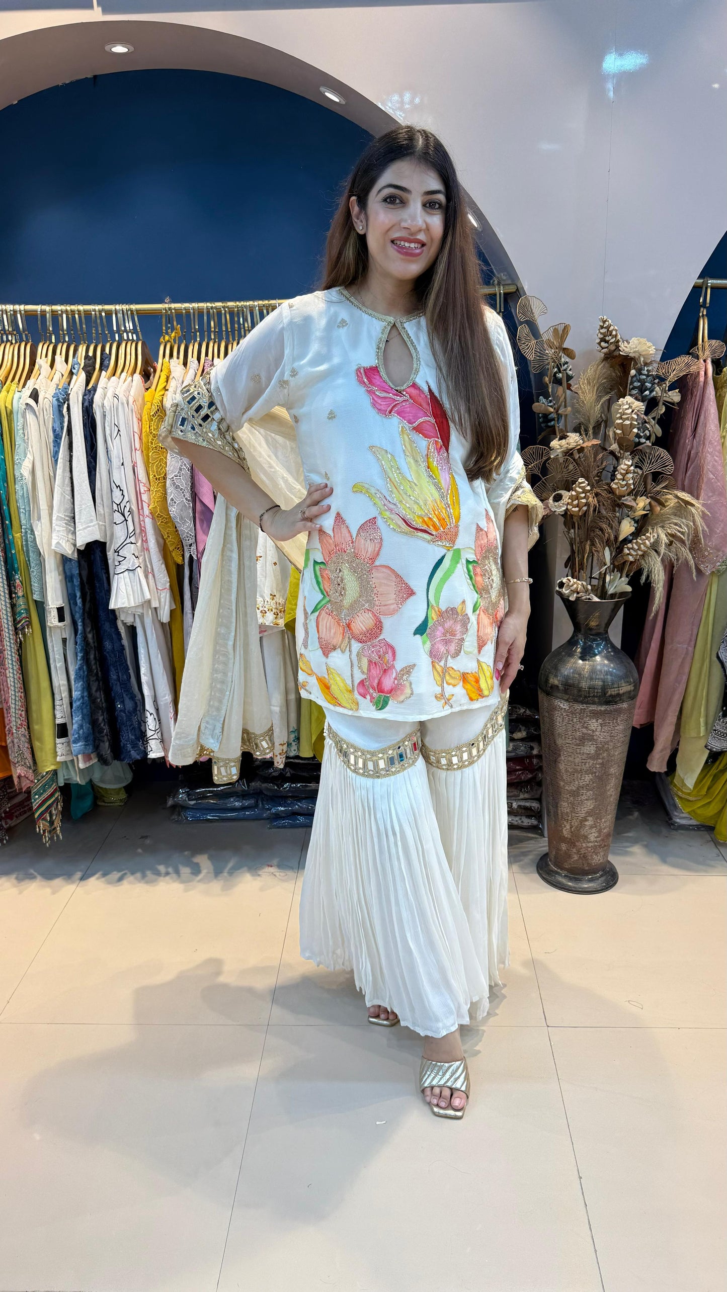 Pure Chinon 3pc Sharara Suit with Appliqué Work with Mirror Lace
