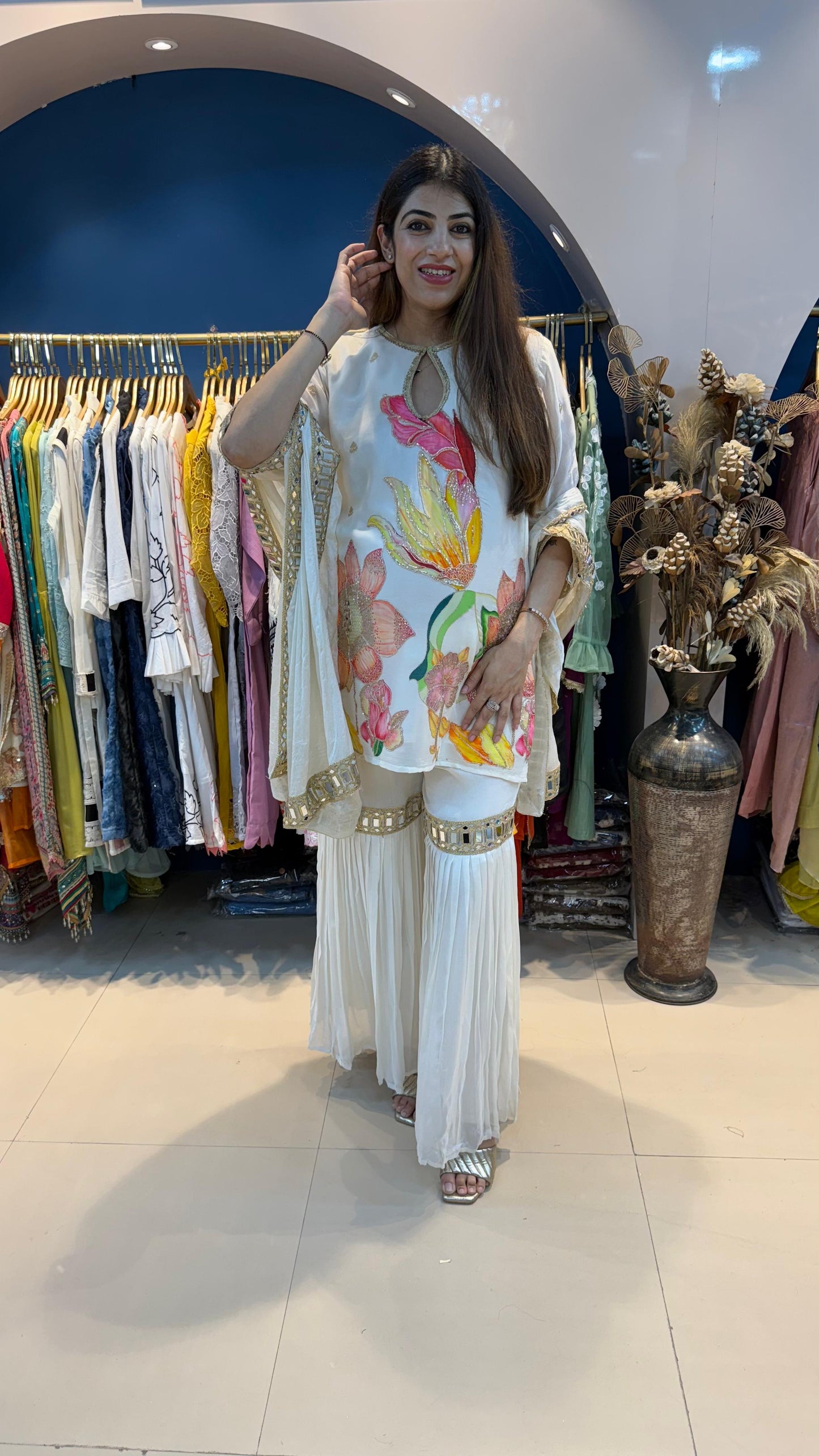 Pure Chinon 3pc Sharara Suit with Appliqué Work with Mirror Lace