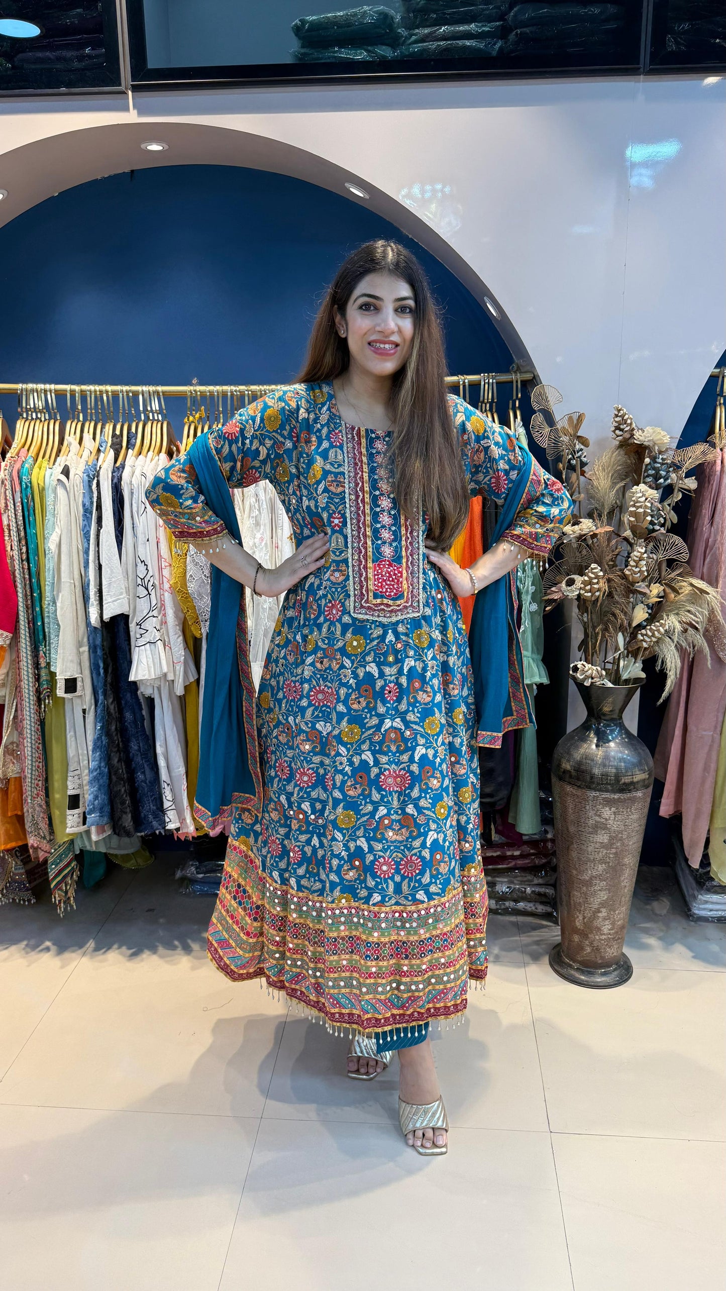 Digital Crepe Anarkali Suit with Mirror Highlight