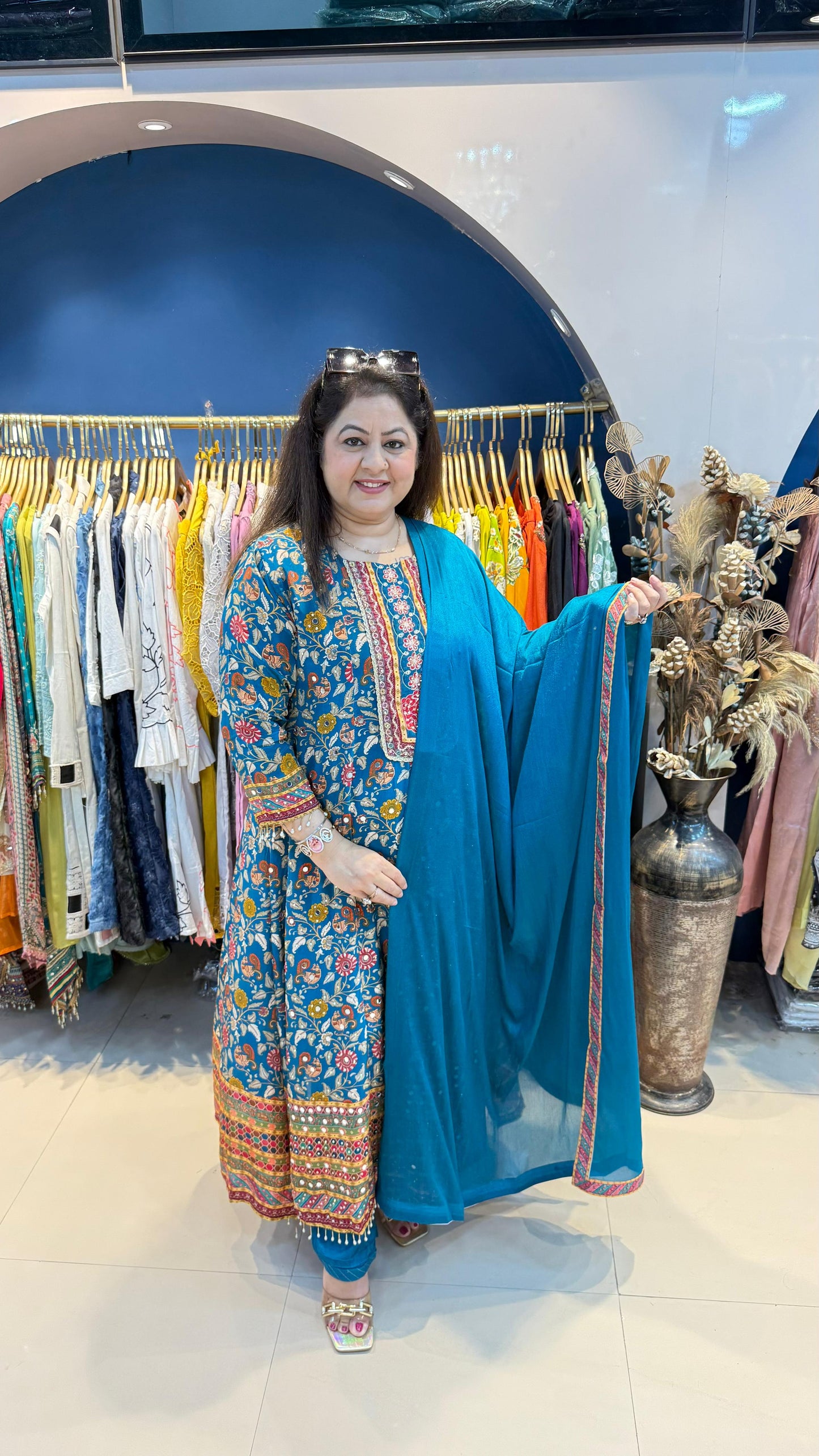 Digital Crepe Anarkali Suit with Mirror Highlight