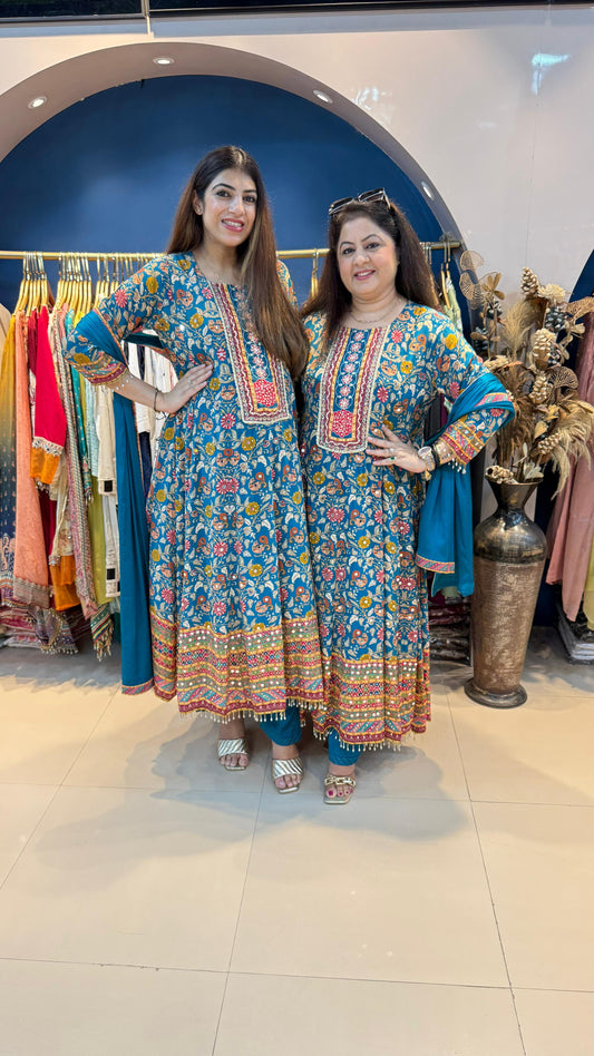 Digital Crepe Anarkali Suit with Mirror Highlight