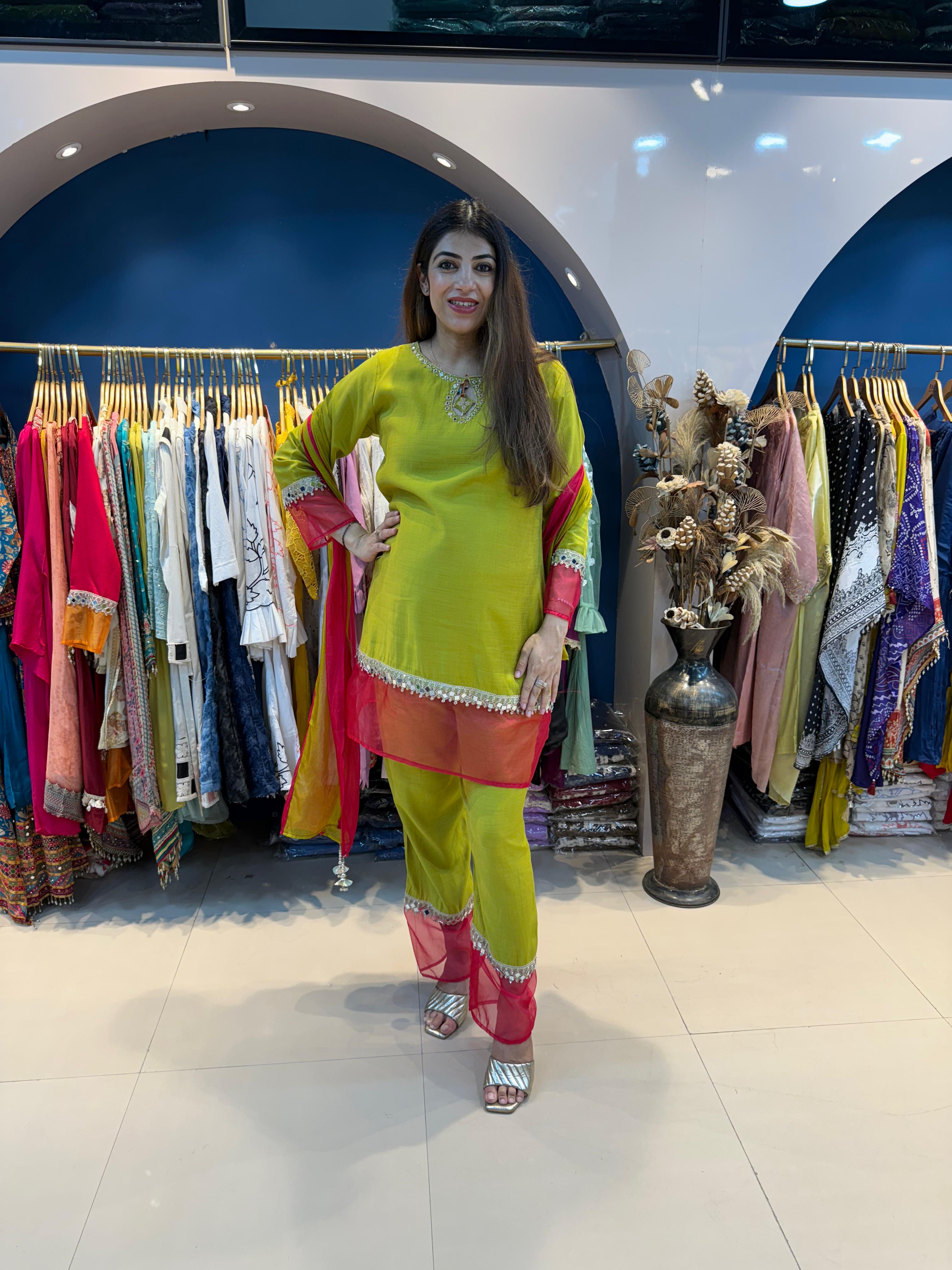 Cotton Muslin 3pc Suit with Color Block Organza Flap