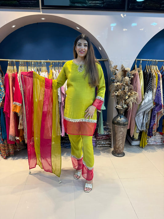 Cotton Muslin 3pc Suit with Color Block Organza Flap