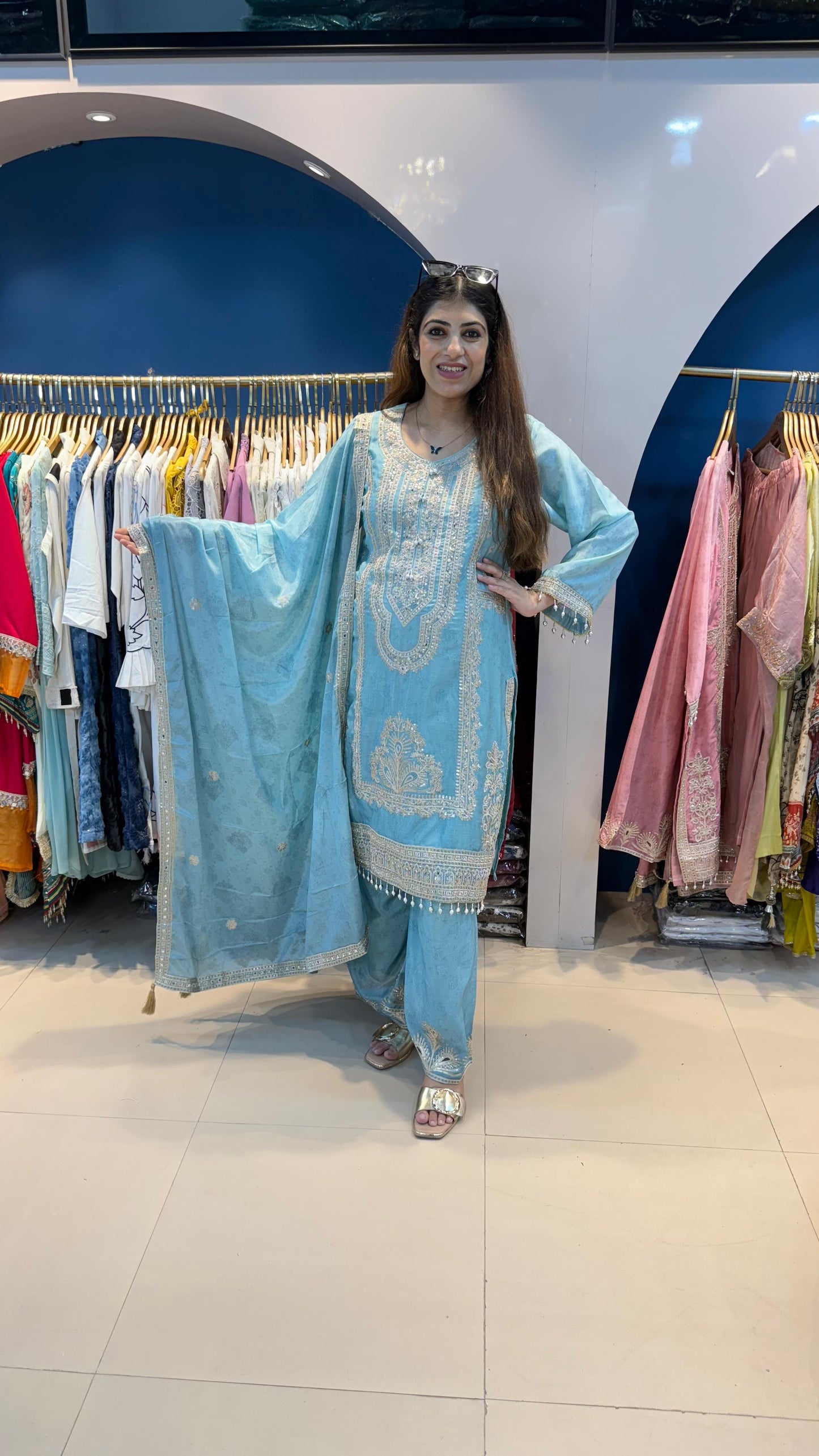 Pure Chinon 3pc Pakistani Suit with Machine Embroidery Work