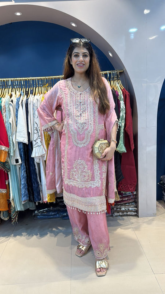 Pure Chinon 3pc Pakistani Suit with Machine Embroidery Work