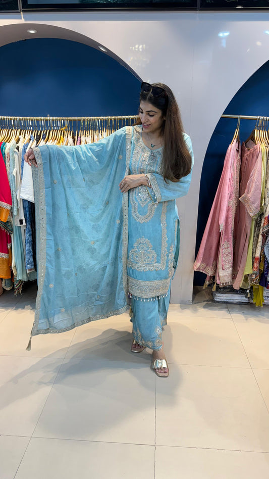 Pure Chinon 3pc Pakistani Suit with Machine Embroidery Work