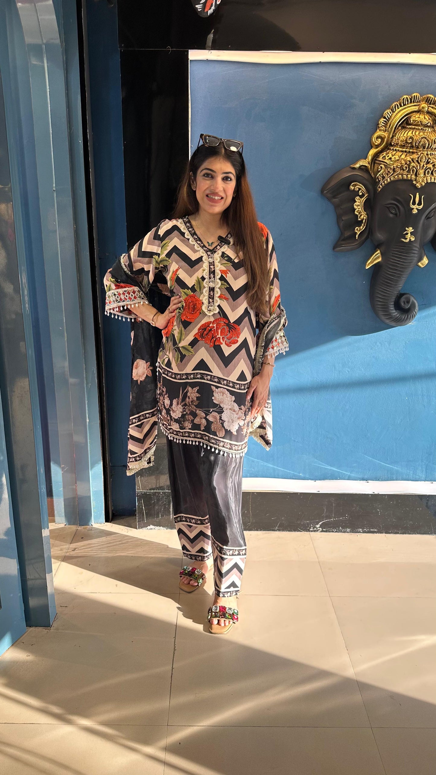 Digital Crepe Farshi Salwar Suit with Lining with Mirror Lace