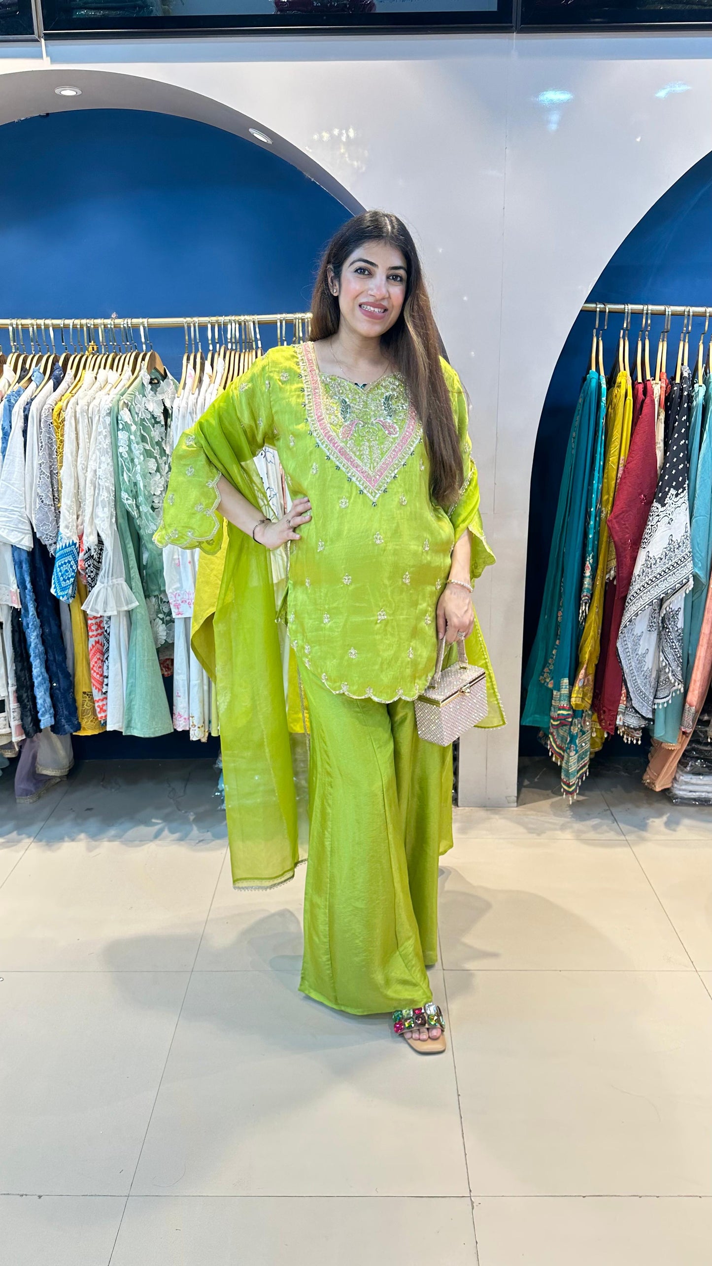 Pura Organza 3pc Suit with Complete Handwork on Front & Back with Kali Palazoo
