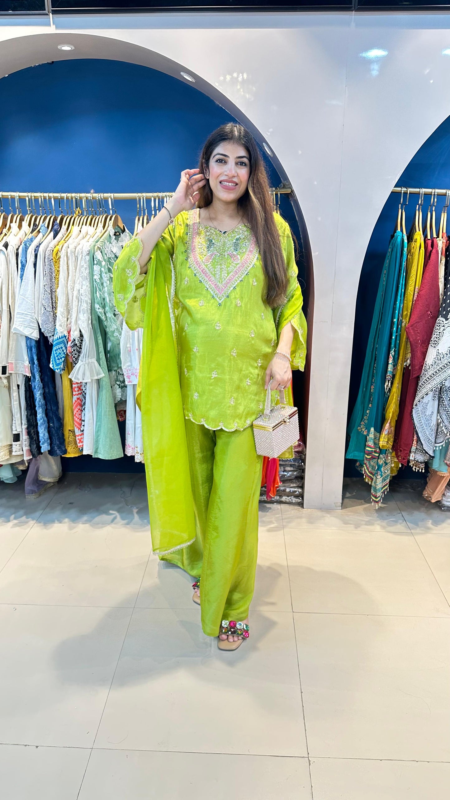 Pura Organza 3pc Suit with Complete Handwork on Front & Back with Kali Palazoo