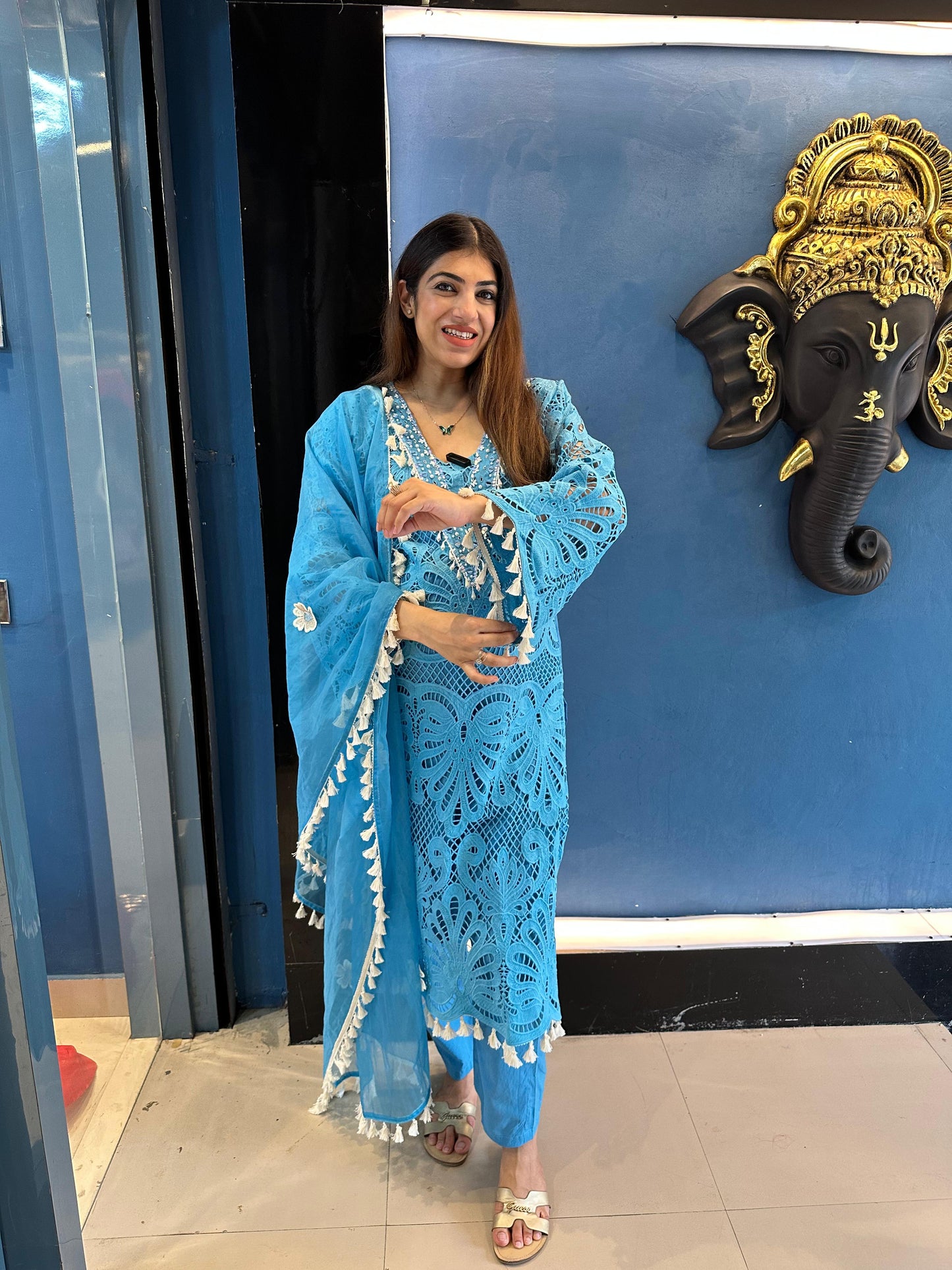 Cotton Schiffli Suit with Organza Dupatta
