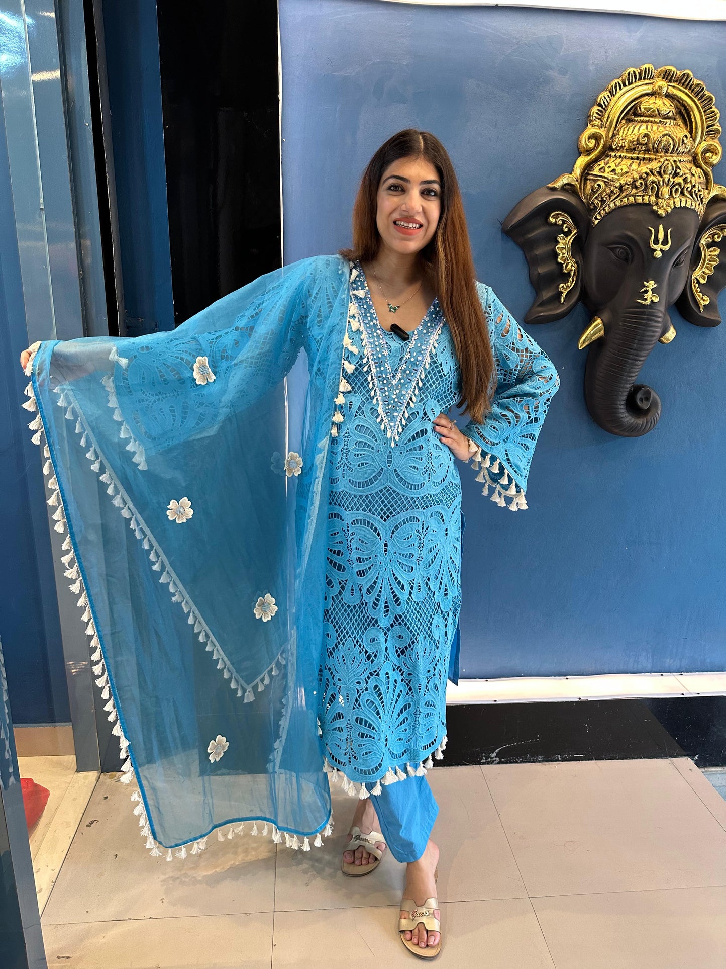Cotton Schiffli Suit with Organza Dupatta