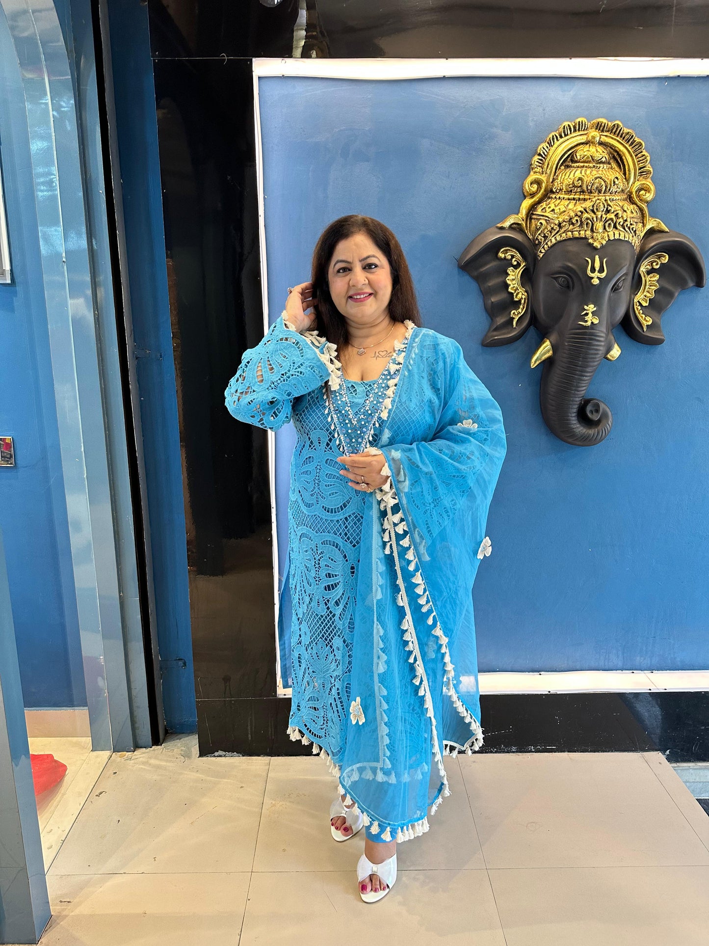 Cotton Schiffli Suit with Organza Dupatta