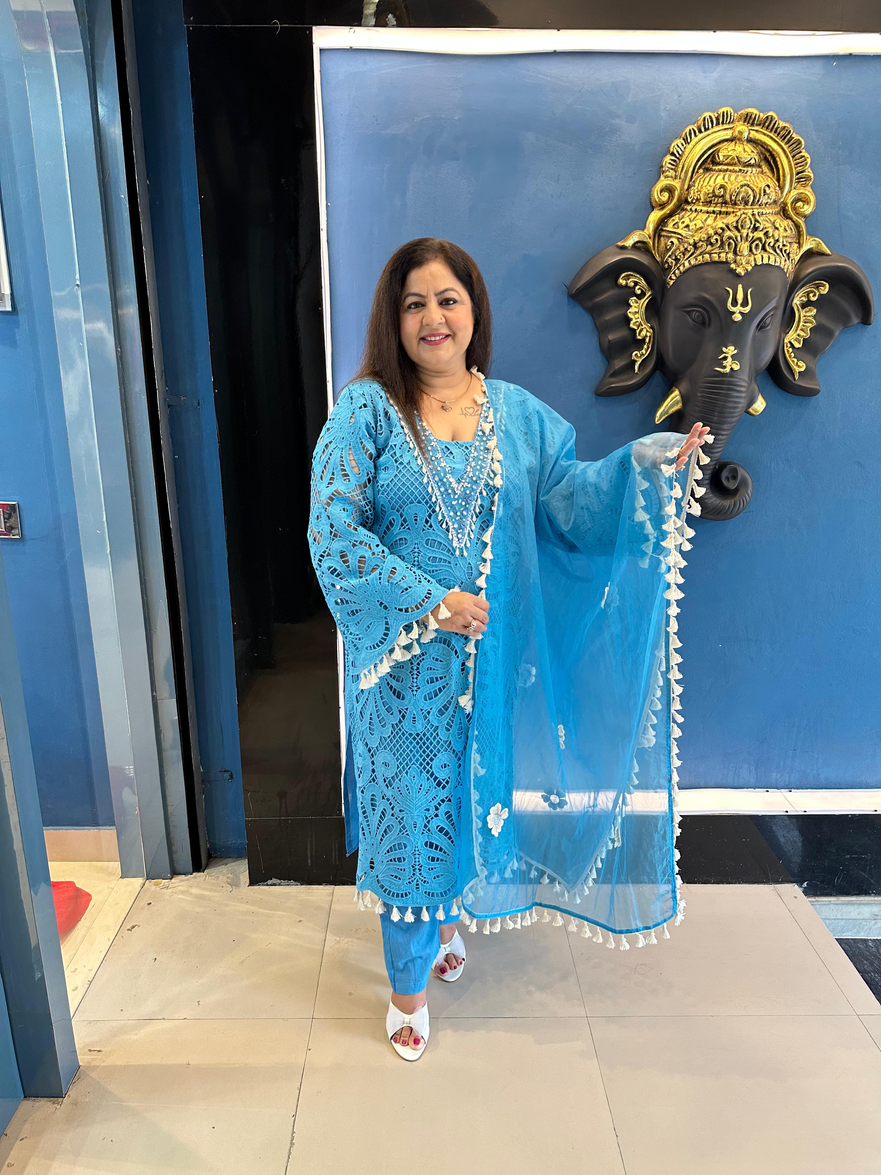 Cotton Schiffli Suit with Organza Dupatta