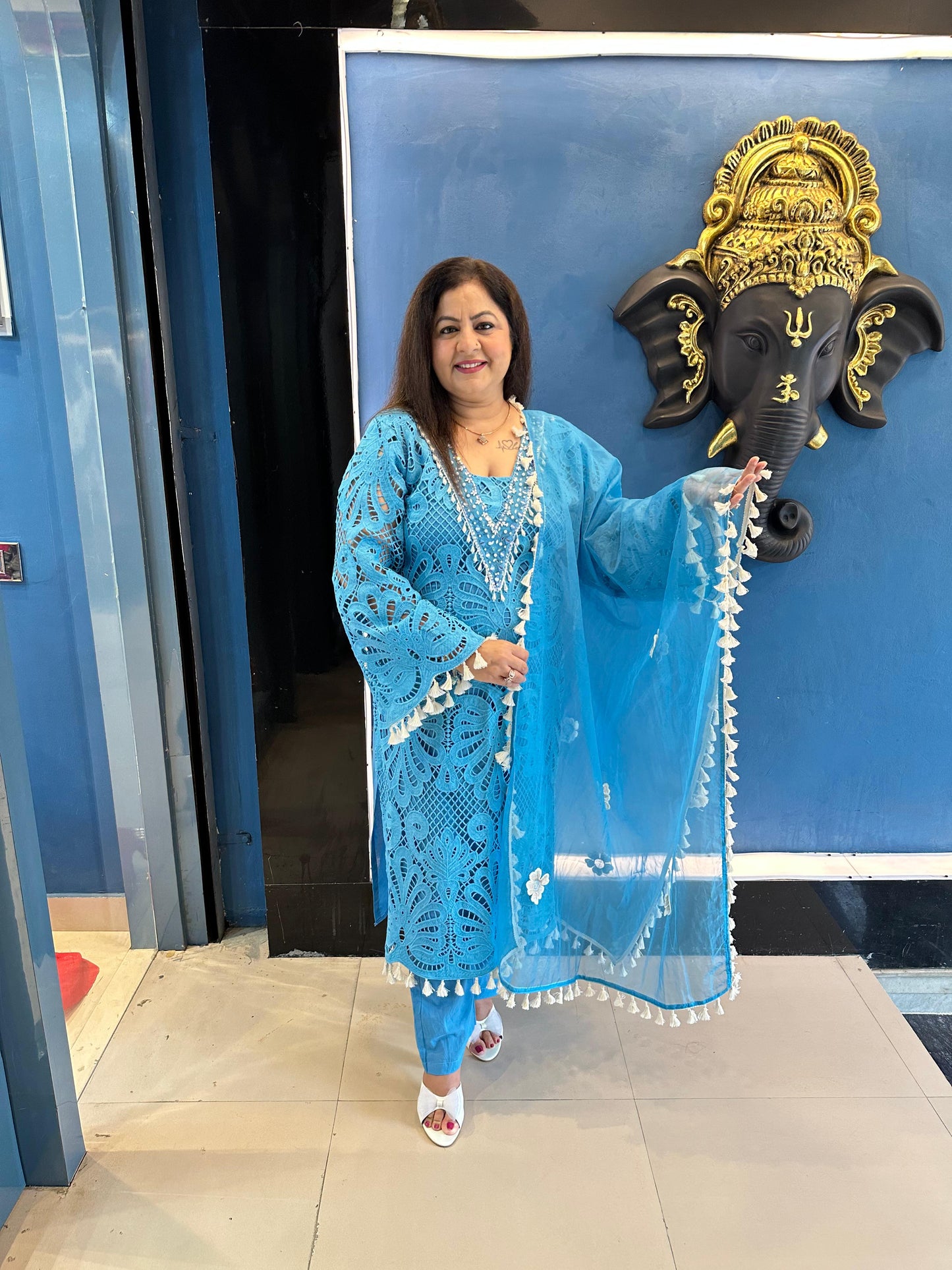 Cotton Schiffli Suit with Organza Dupatta