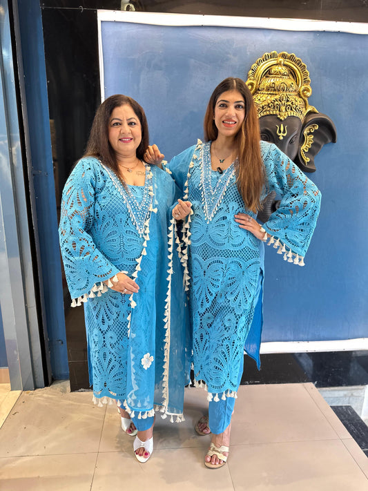 Cotton Schiffli Suit with Organza Dupatta