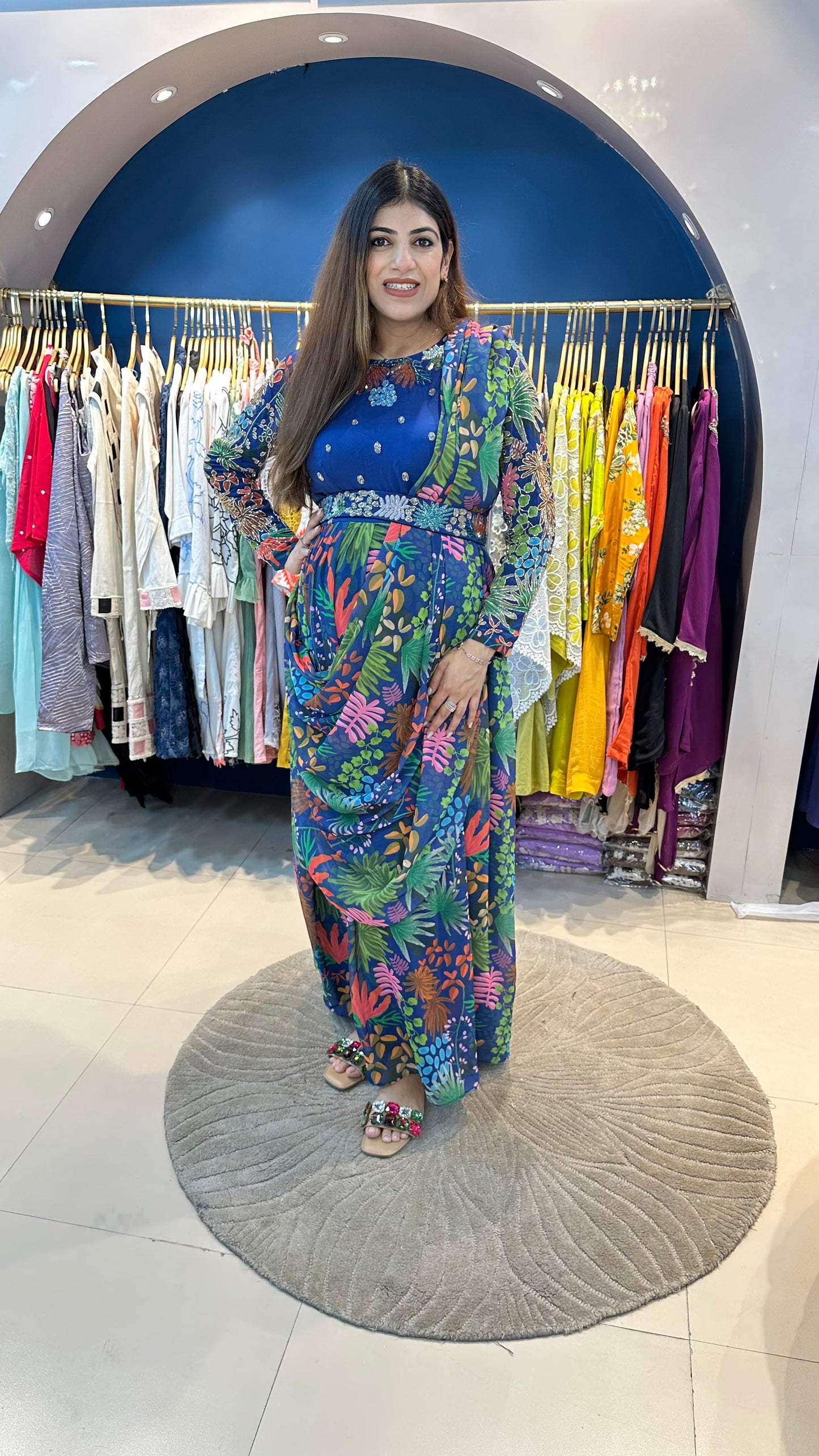 Customised Pure Georgette Drape Saree with Handwork on Sleeves and Belt and Neck Line