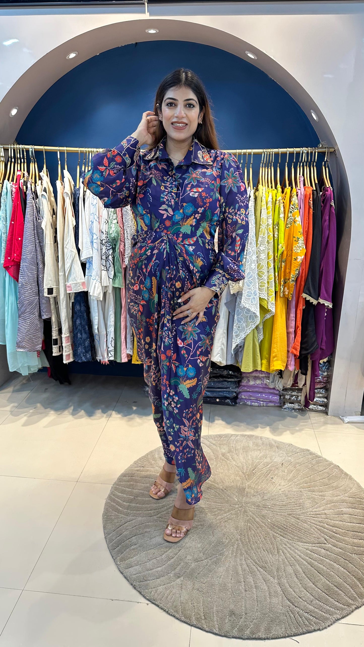 Customised Pure Crepe Drape Maxi Dress with Handwork on Collar & Sleeve Cuffs
