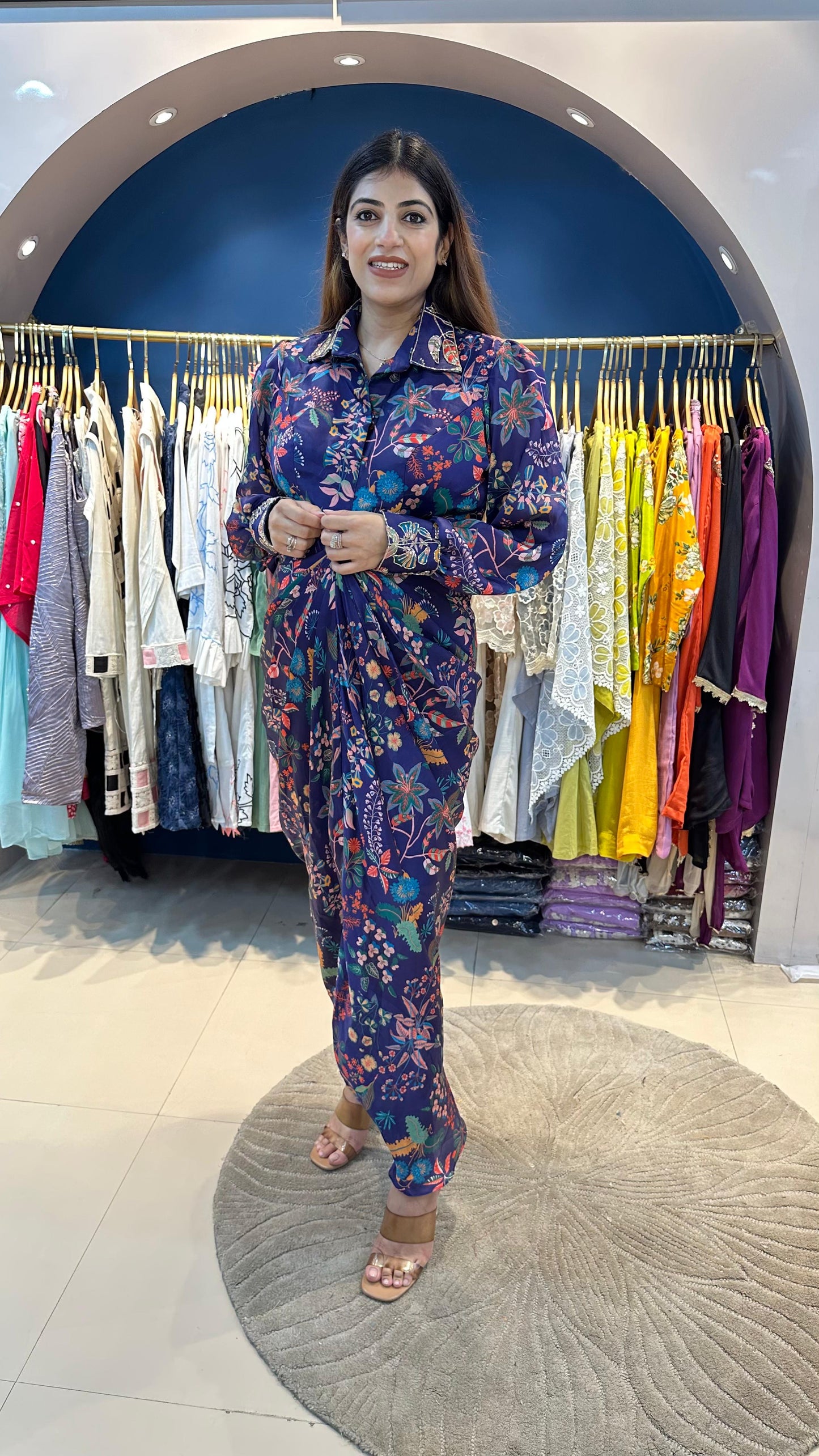 Customised Pure Crepe Drape Maxi Dress with Handwork on Collar & Sleeve Cuffs