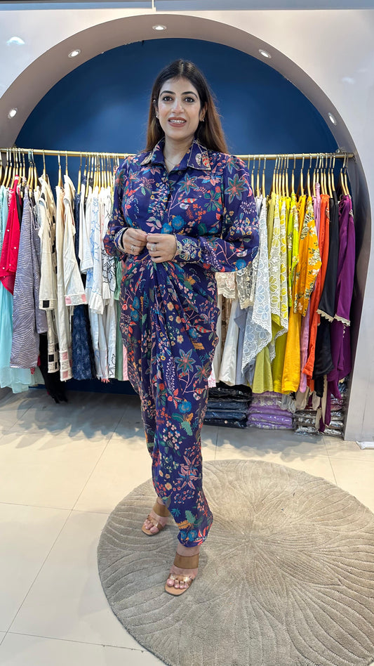 Customised Pure Crepe Drape Maxi Dress with Handwork on Collar & Sleeve Cuffs