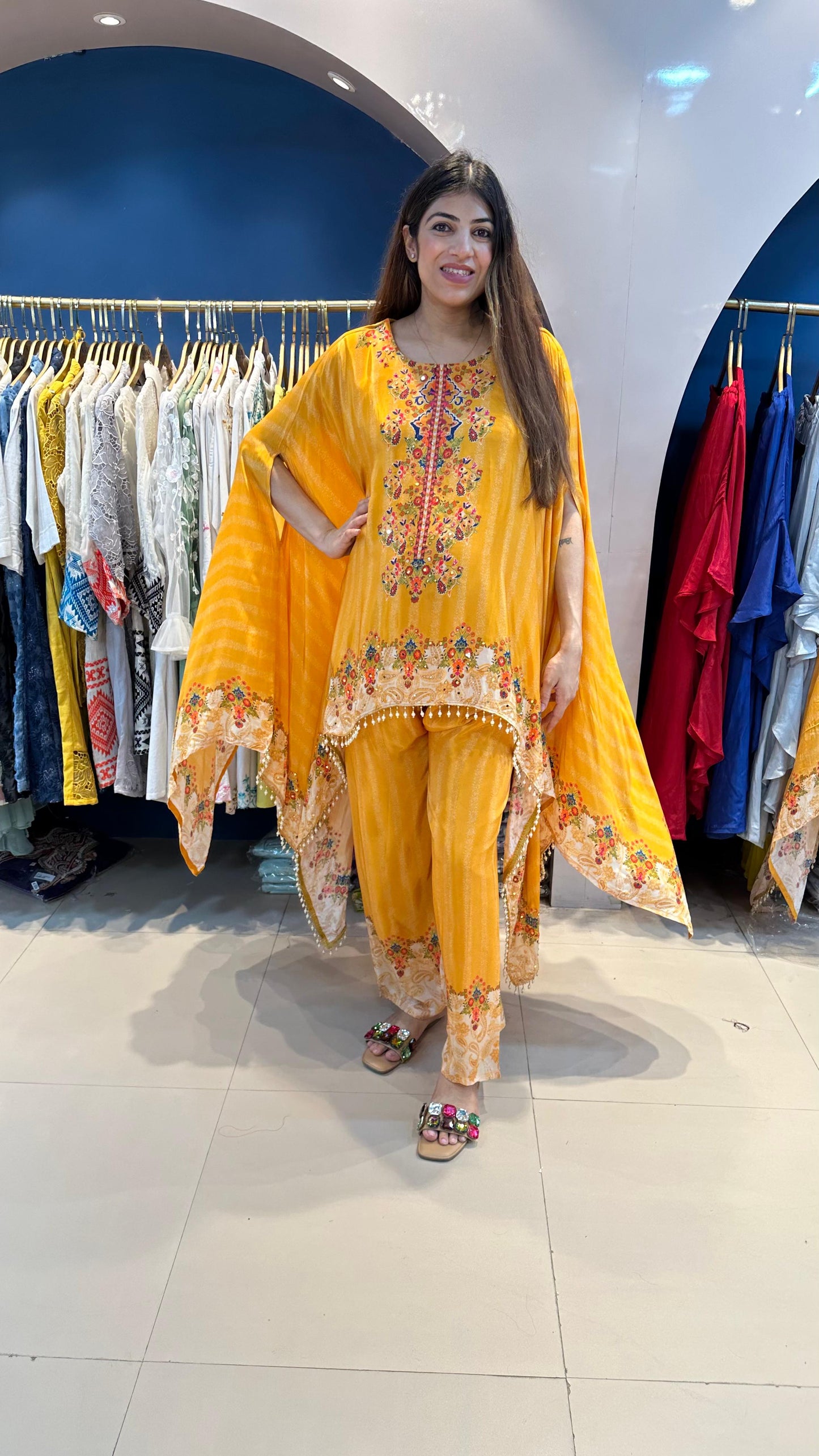 Pure Crepe Digital Kaftan with Straight Wide Pants