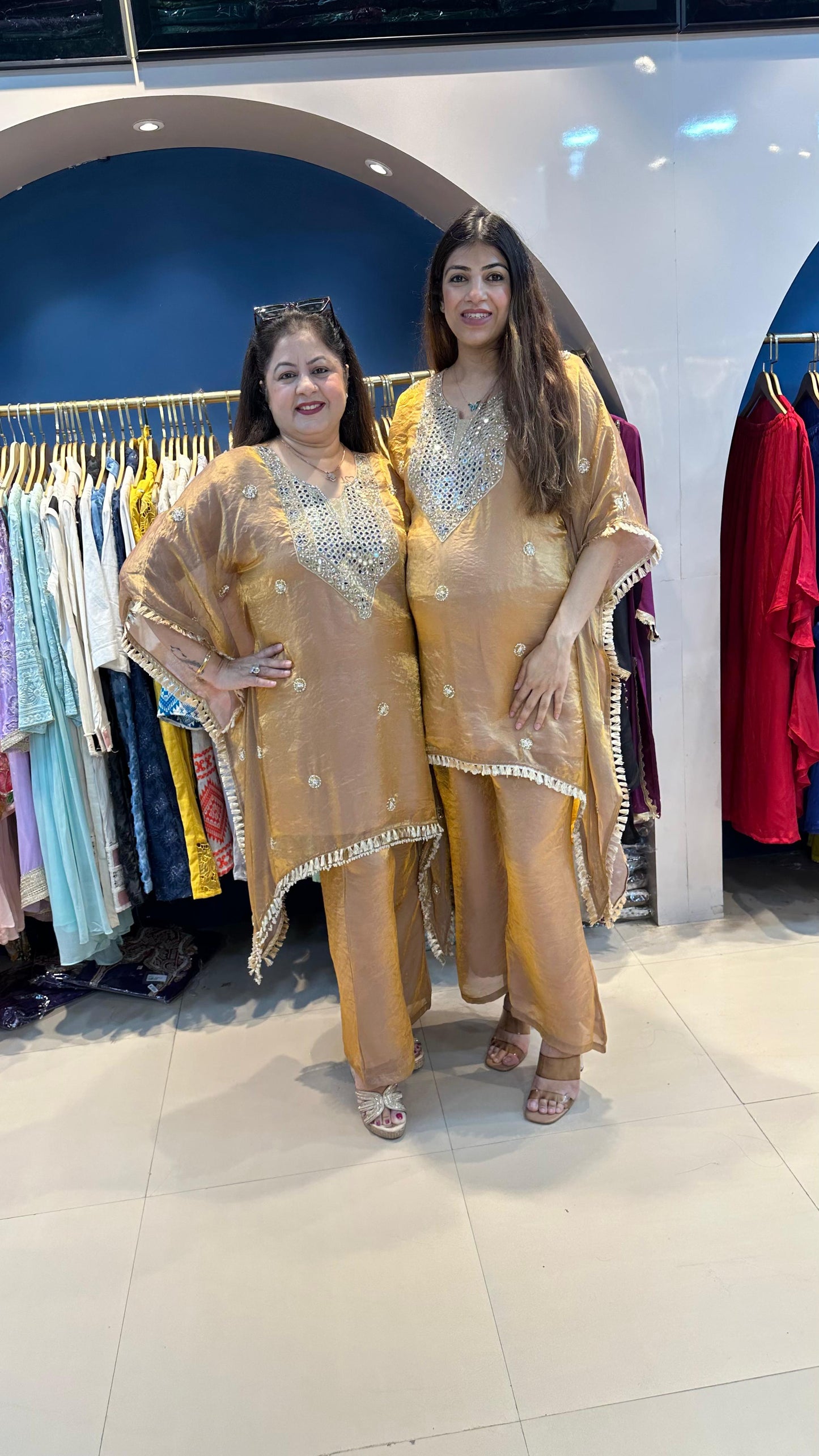Handwork Shimmer Tissue Kaftan with Bell Bottoms