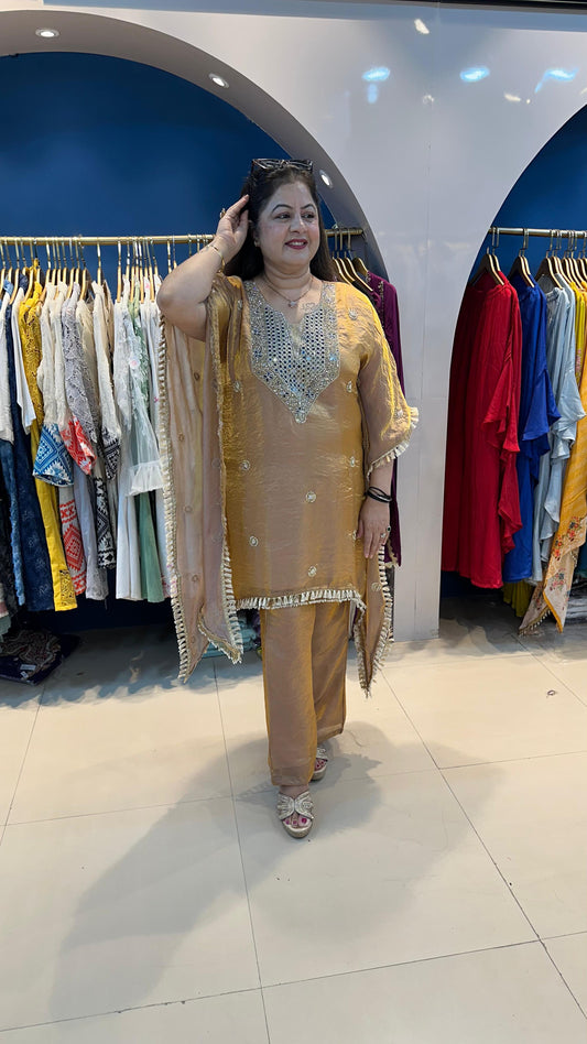 Handwork Shimmer Tissue Kaftan with Bell Bottoms