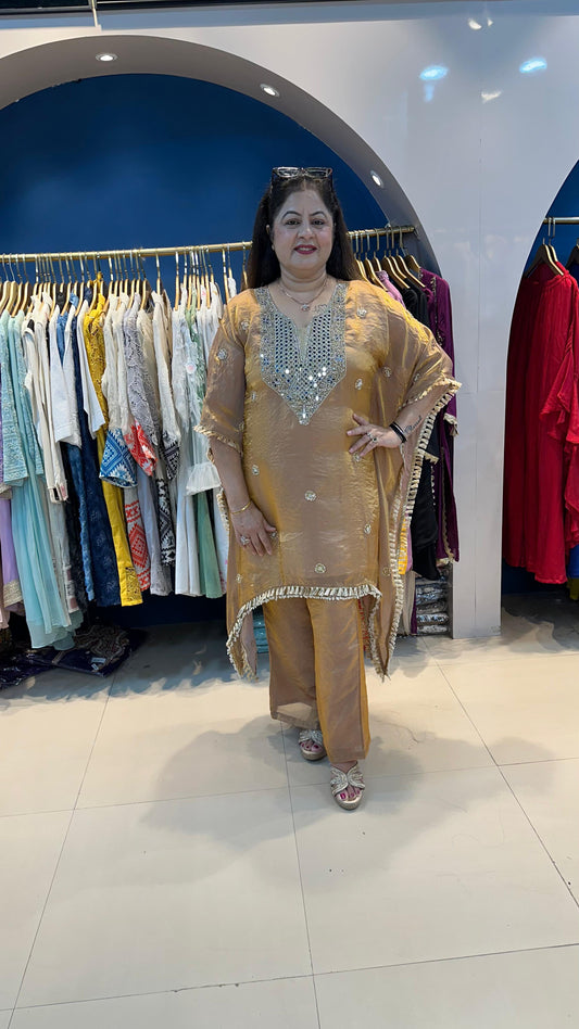 Handwork Shimmer Tissue Kaftan with Bell Bottoms
