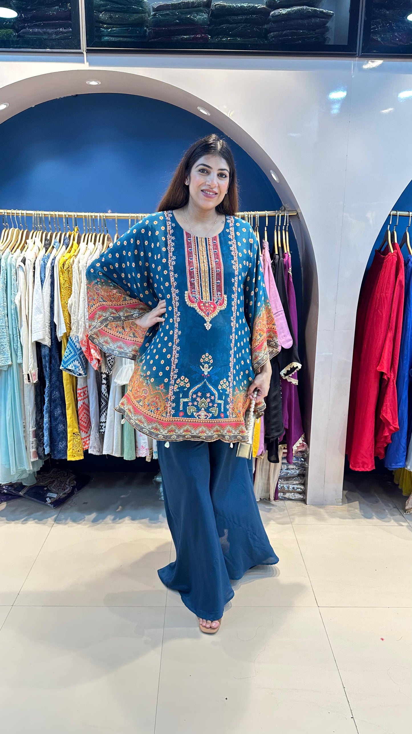 Digital Crepe Kaftana with Bell Bottom Pants