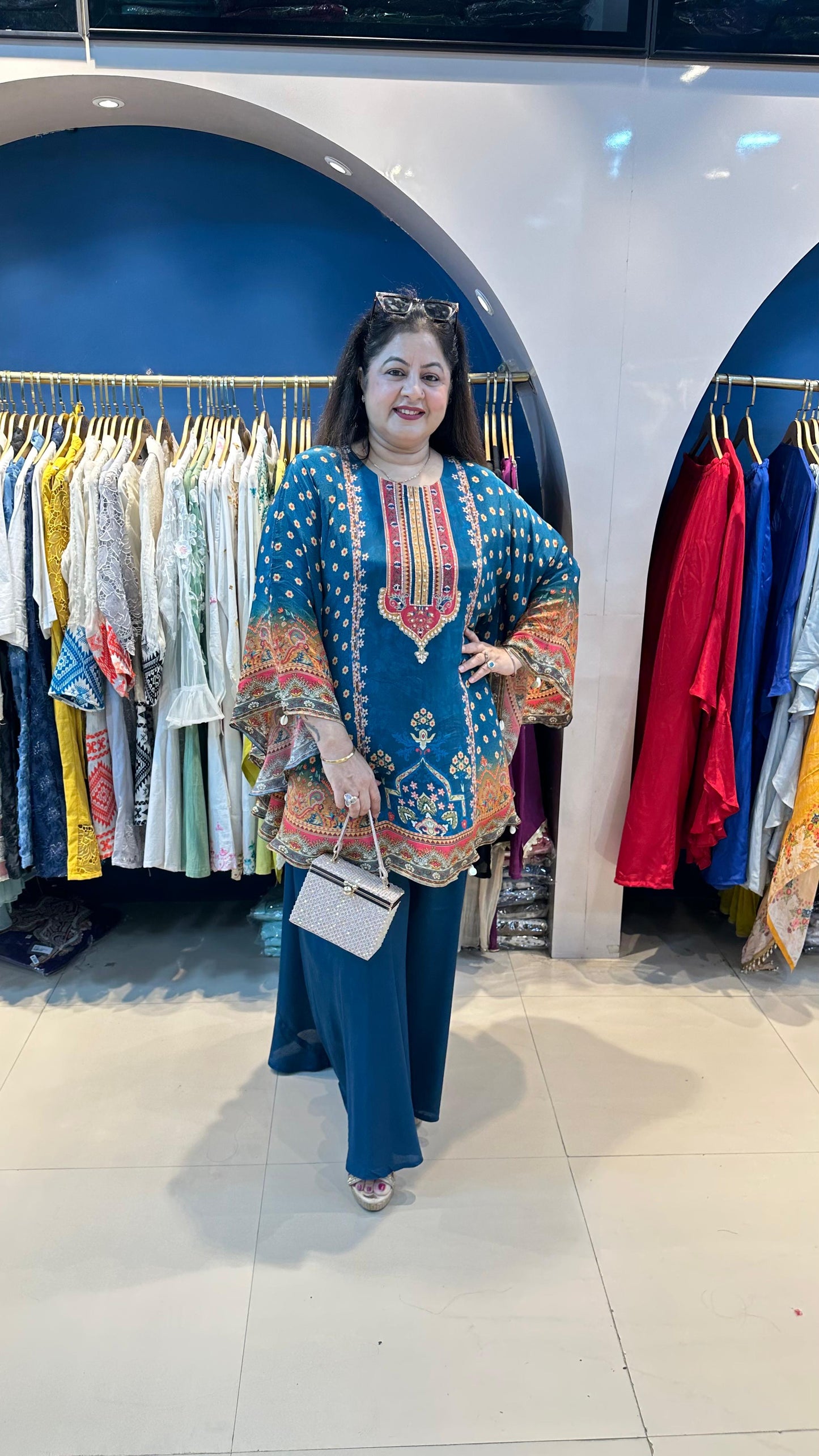Digital Crepe Kaftana with Bell Bottom Pants