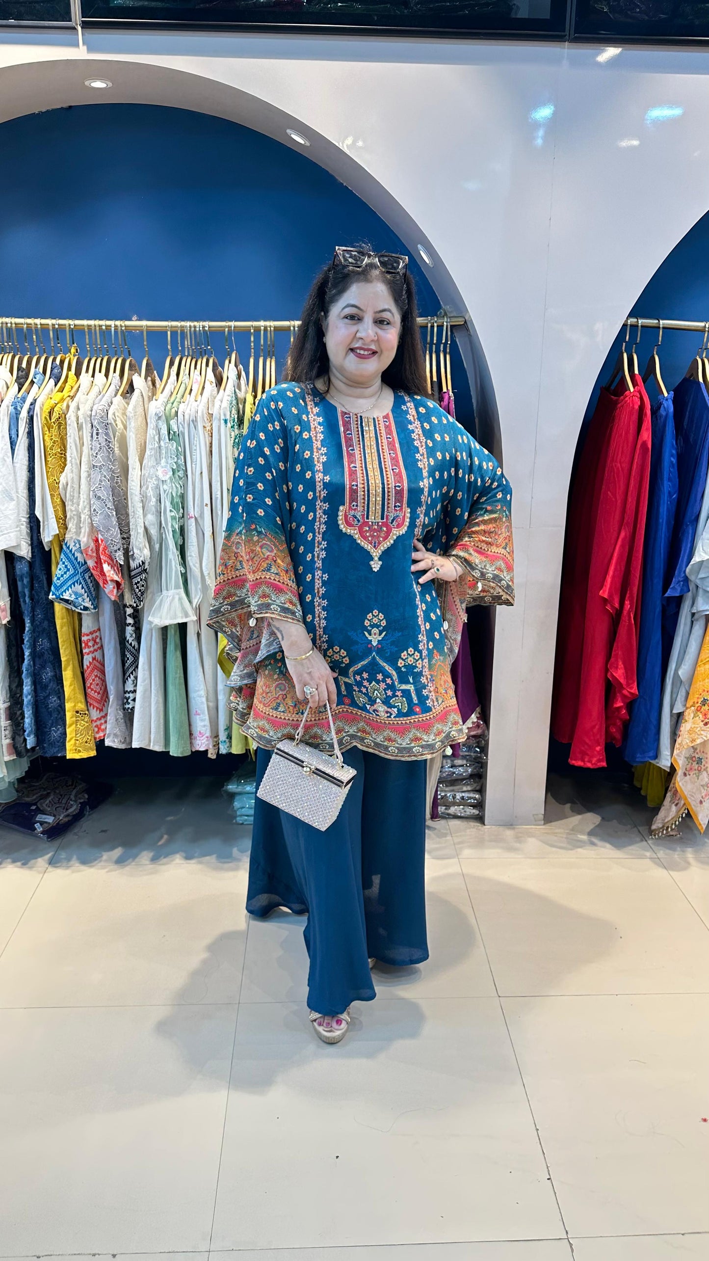 Digital Crepe Kaftana with Bell Bottom Pants