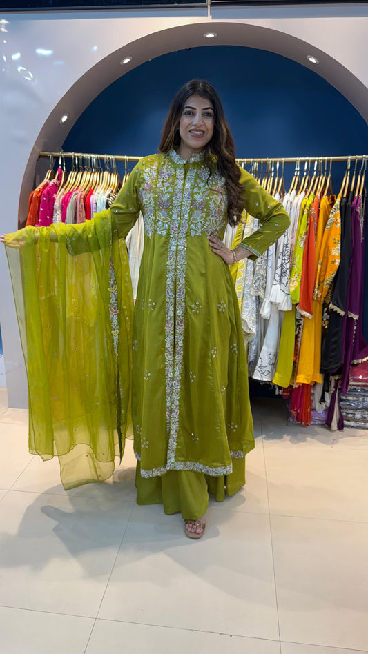 Pura Dola Silk 3pc Party Wear Set with Embroidery with Handwork Highlight