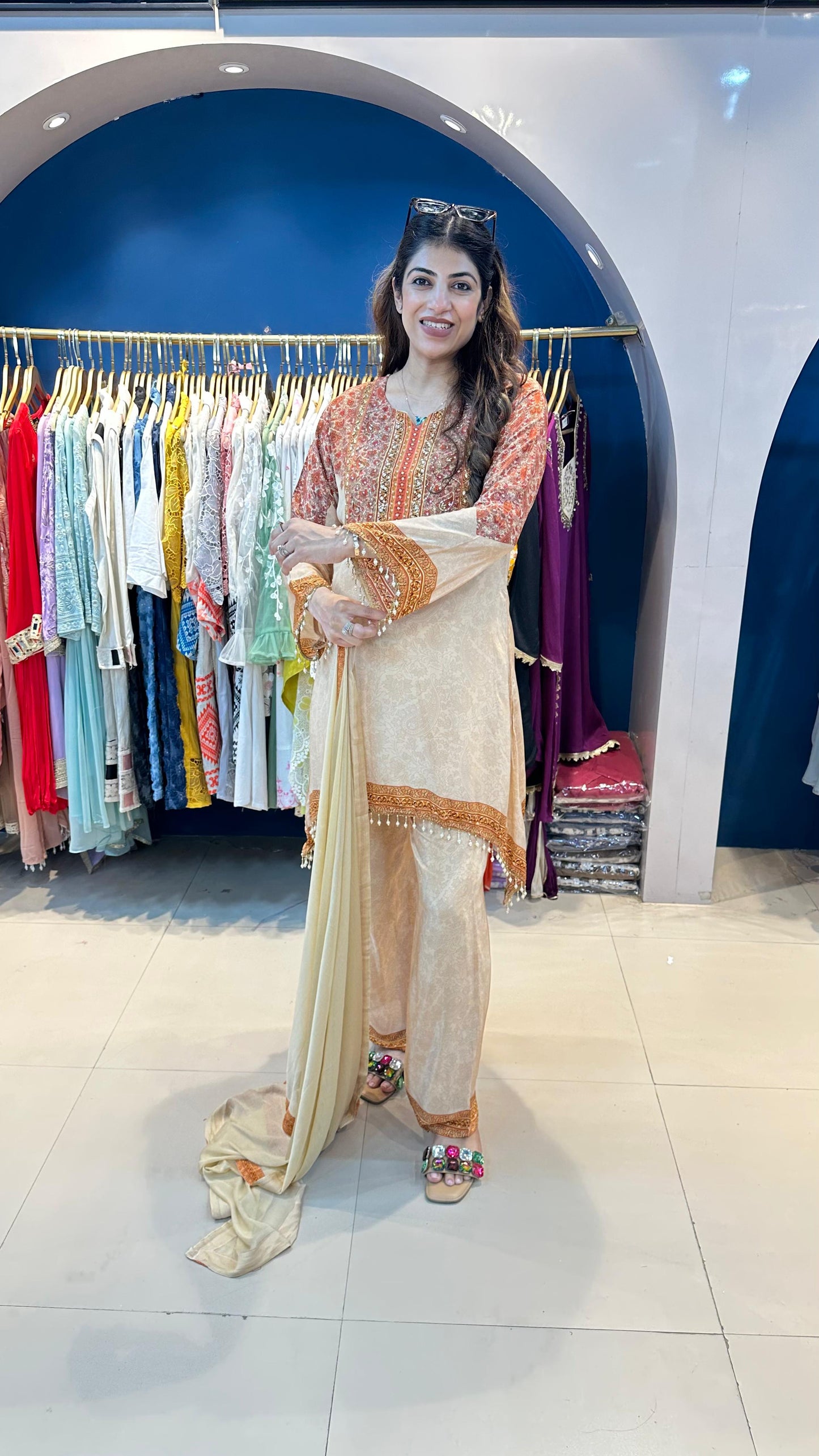 Pure Digital Crepe with Katdana Highlight with Bell Sleeves with Dupatta