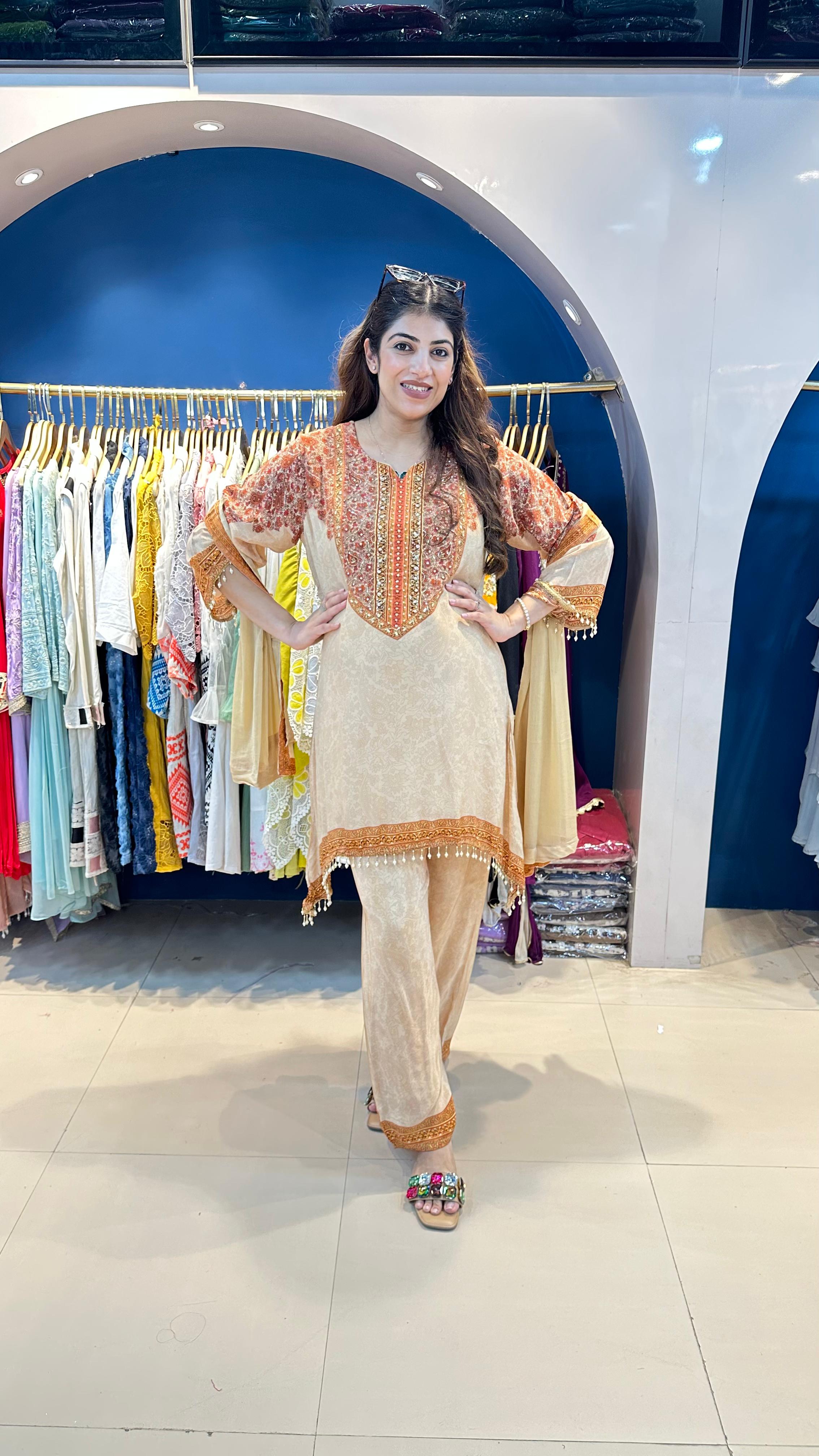 Pure Digital Crepe with Katdana Highlight with Bell Sleeves with Dupatta