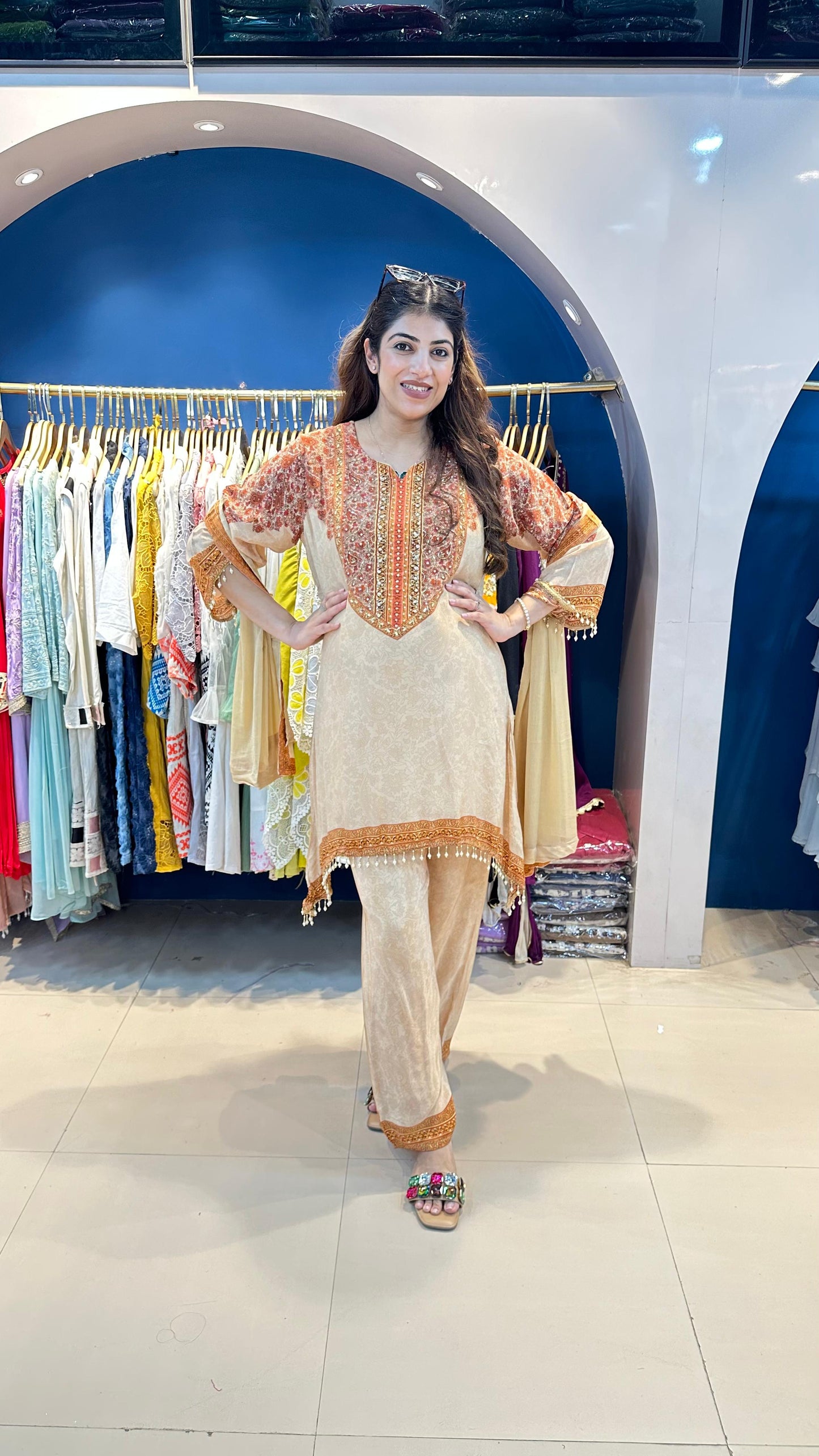 Pure Digital Crepe with Katdana Highlight with Bell Sleeves with Dupatta