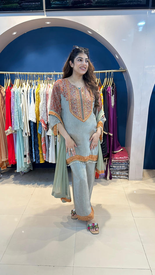 Pure Digital Crepe with Katdana Highlight with Bell Sleeves with Dupatta