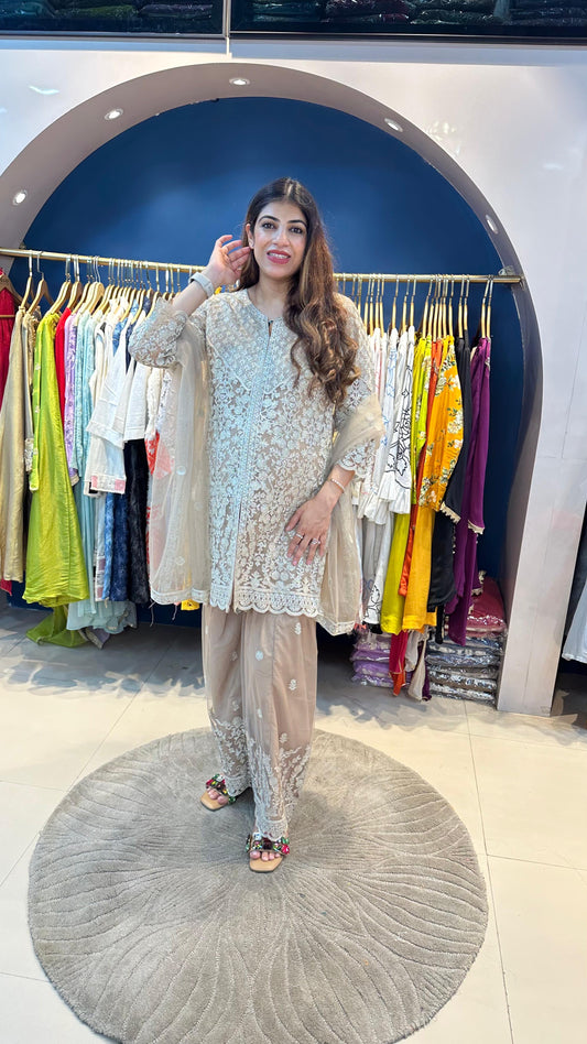Embroidered Net 3-Piece Sharara Partywear Set