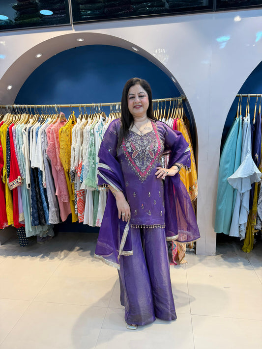 Shimmer Tissue 3 Pc Suit with Handwork & Kali Palazzo