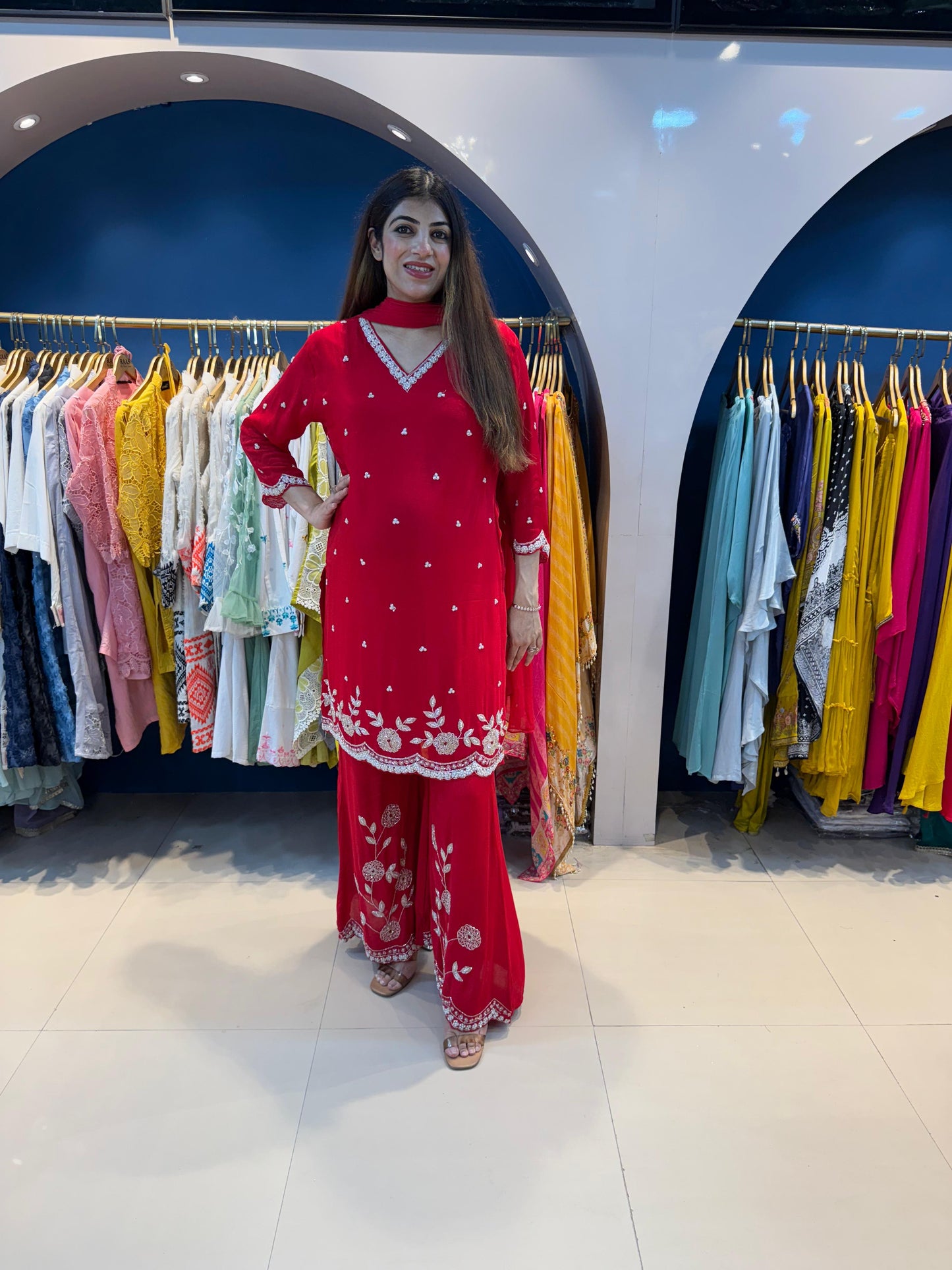Pure Chinon Handwork 3 Pc Suit with Flared Palazzo