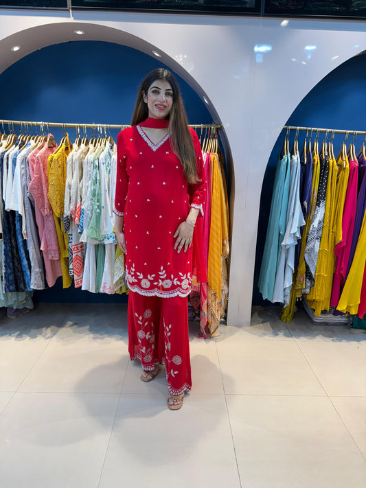Pure Chinon Handwork 3 Pc Suit with Flared Palazzo