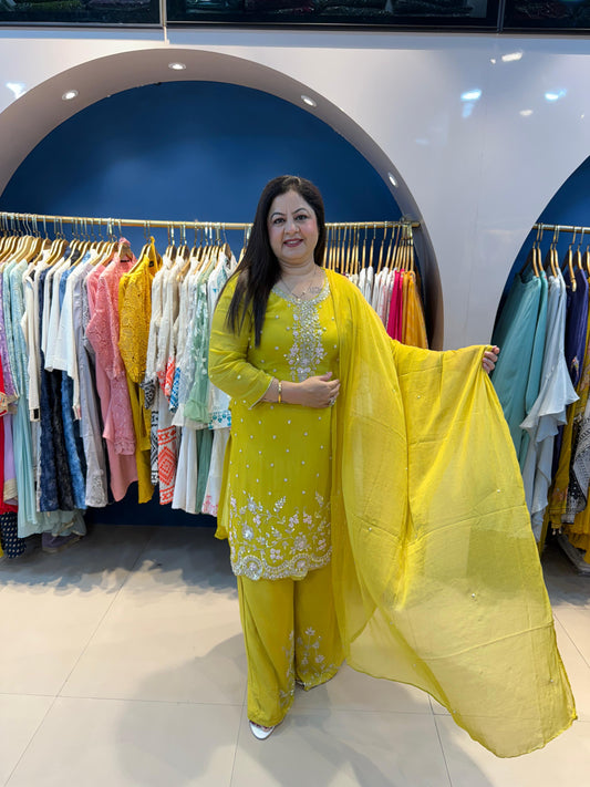 Pure Chinon Handwork 3 Pc Suit with Flared Palazzo