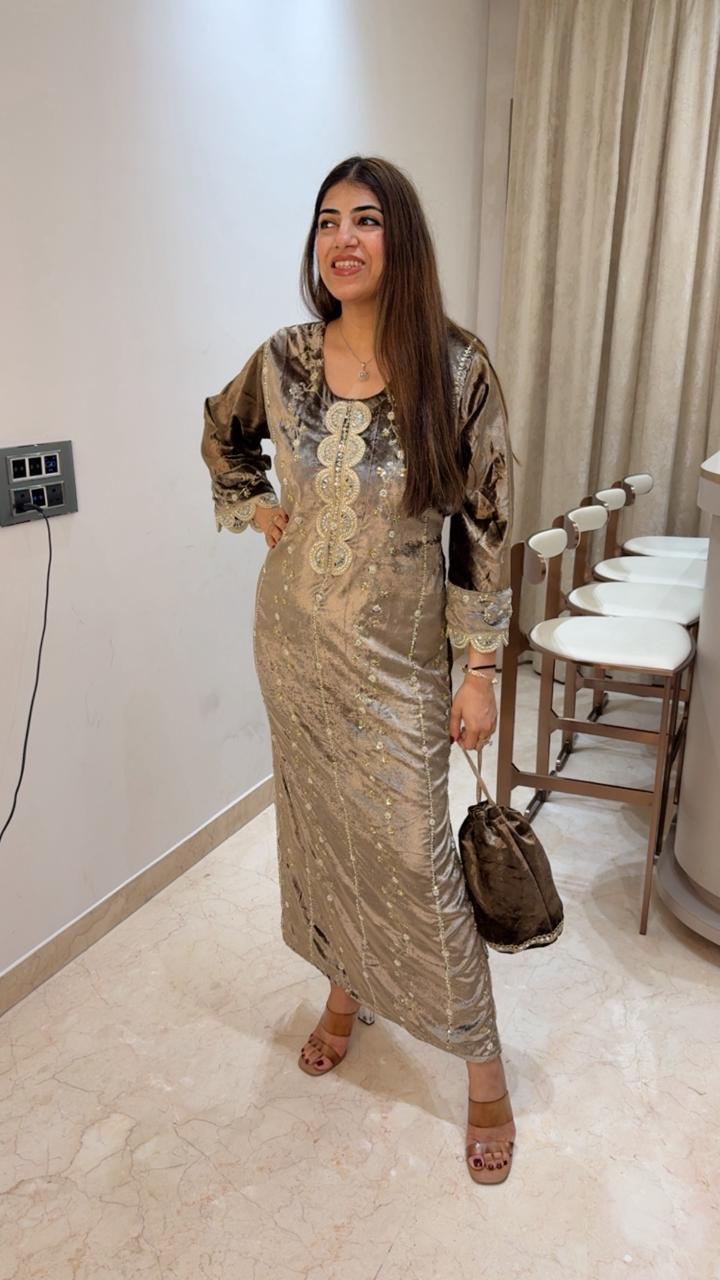 Imported velvet dress with side slit with potli bag