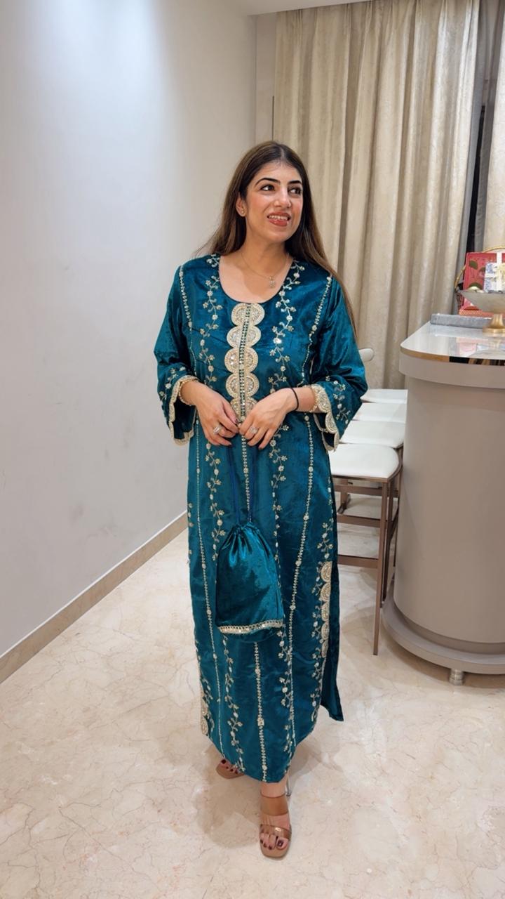 Imported velvet dress with side slit with potli bag
