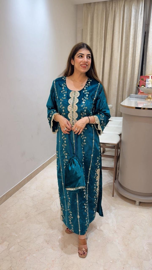 Imported velvet dress with side slit with potli bag