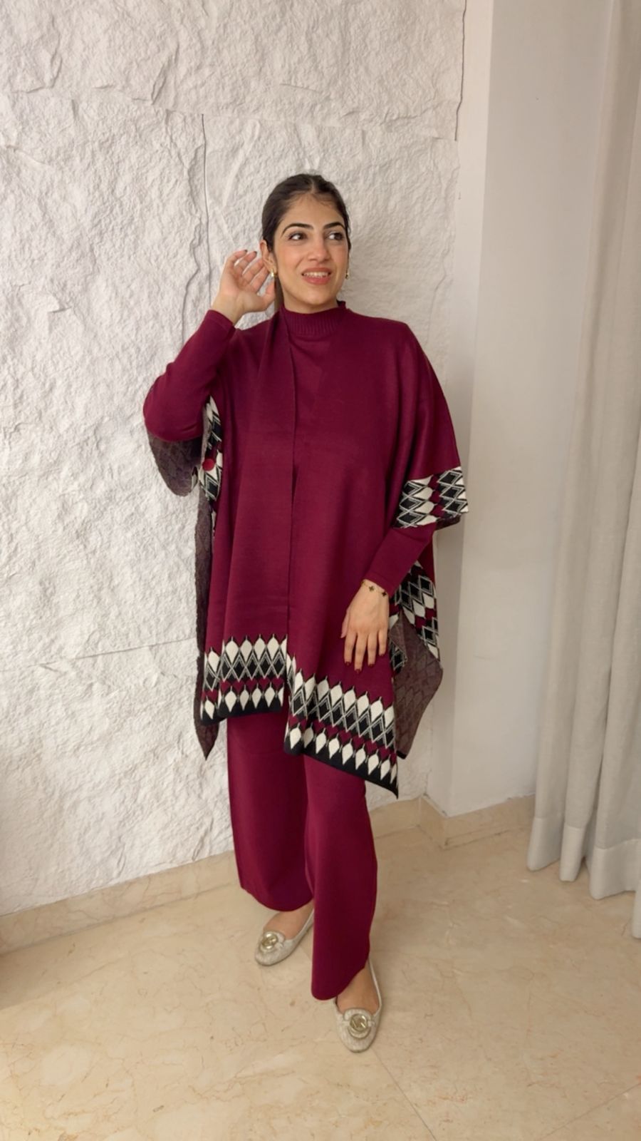 Free size stretchable 3 pc woollen co-ord set with cape (belt excluded)