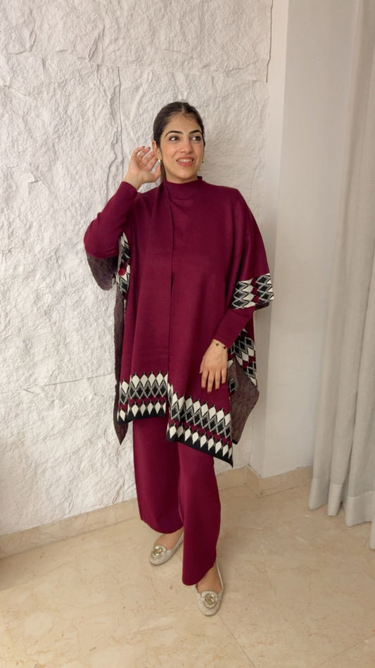 Free size stretchable 3 pc woollen co-ord set with cape (belt excluded)