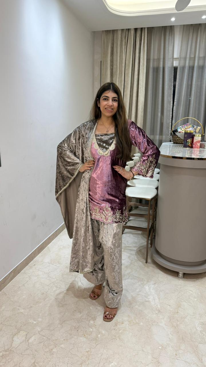 Velvet farahi salwar 4 pc suit  With embroidery details