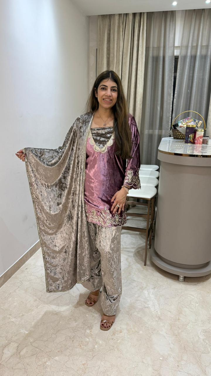 Velvet farahi salwar 4 pc suit  With embroidery details