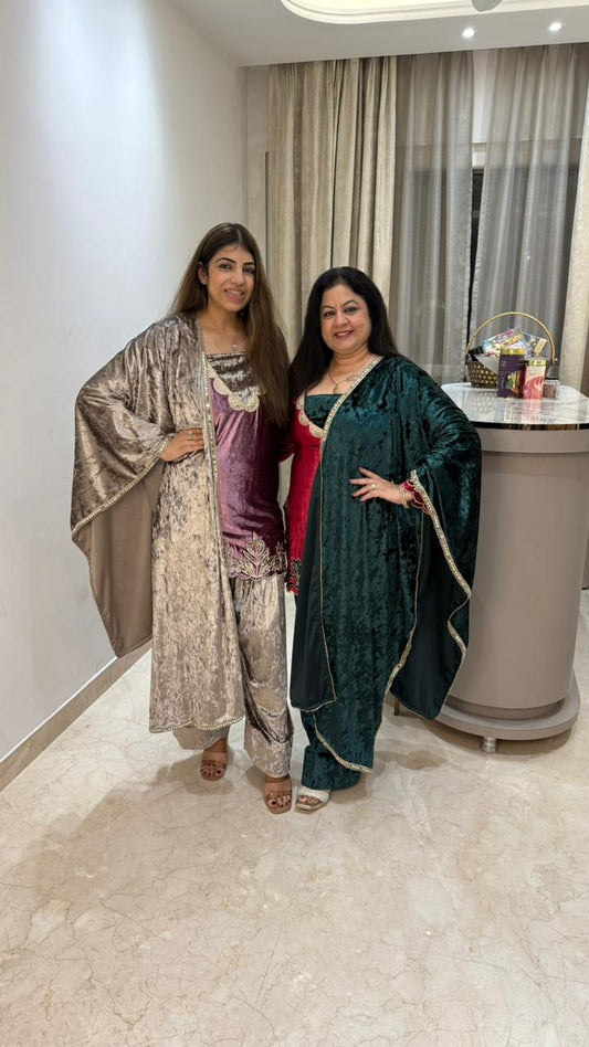 Velvet farahi salwar 4 pc suit  With embroidery details