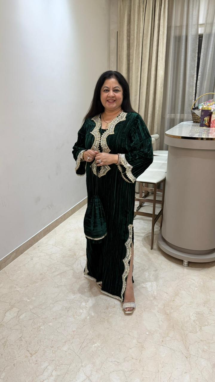 Crushed velvet slit dress with mirror lace detailing with potli